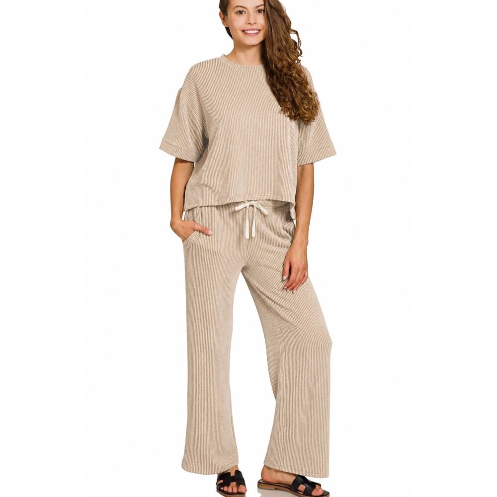 Zenana Ribbed Lounge Set Small Beige Top & Wide Leg Pants Cozy Matching